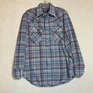 Vintage 80's Levi Blue Plaid Pearl Snap Western Button Up Size Med Regular Fit